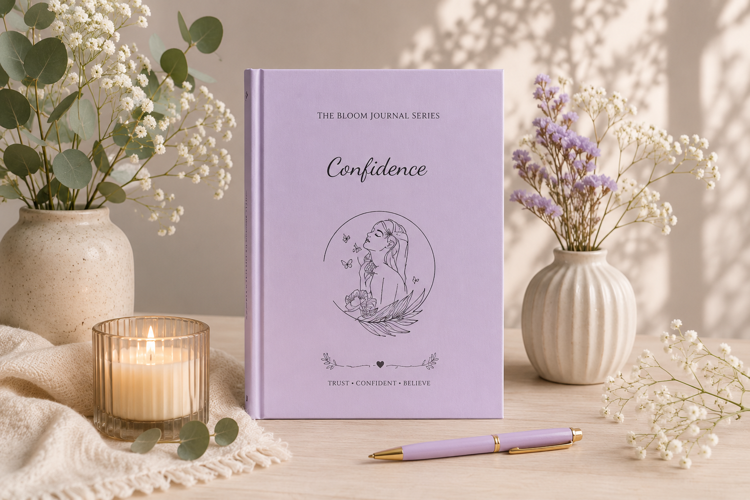 Purple journal titled 'Confidence' with decorative elements on a wooden surface.