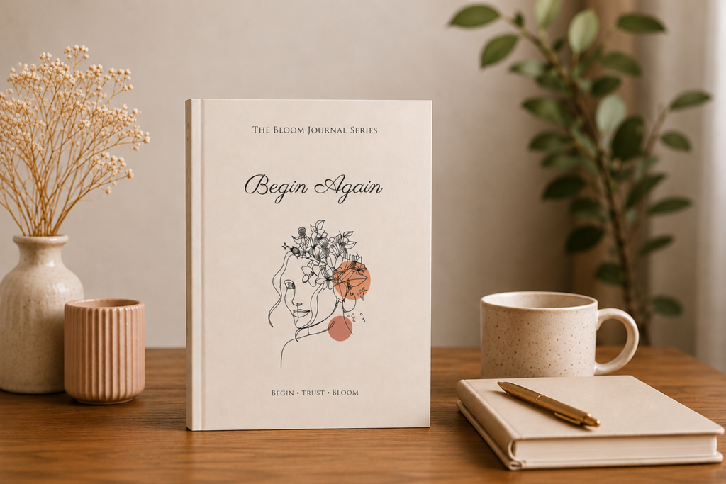Book titled 'Begin Again' from The Bloom Journal Series on a wooden table with a cup and pen.