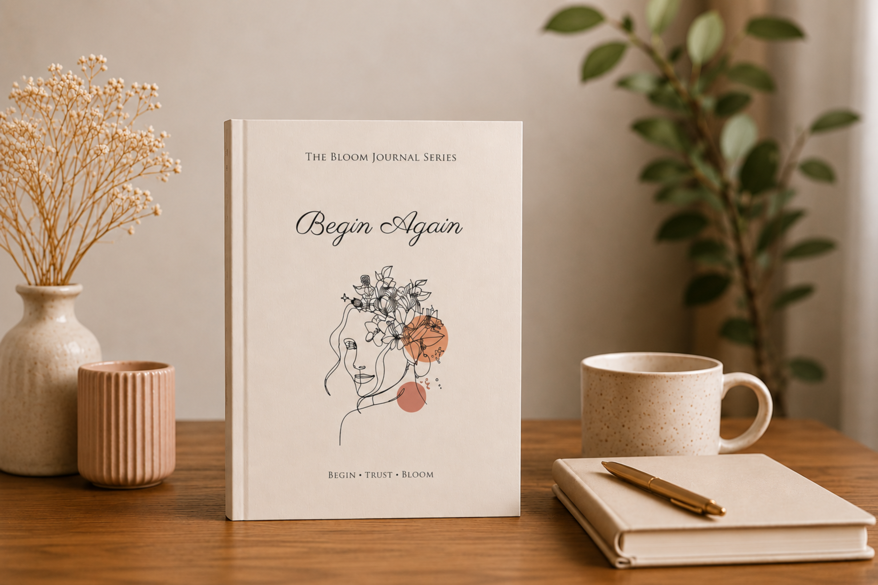 Book titled 'Begin Again' from The Bloom Journal Series on a wooden table with a cup and pen.