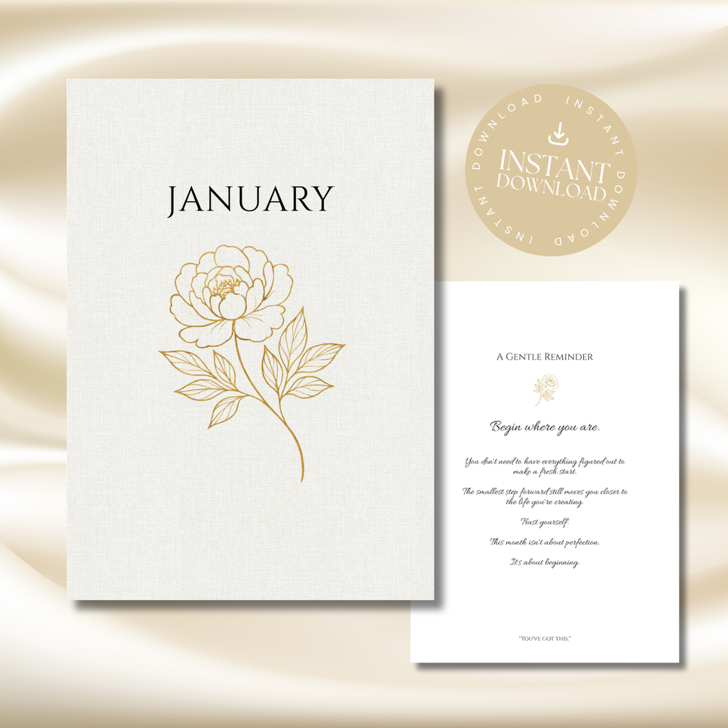 A floral January wedding invitation set displayed on a soft beige satin background. The set includes a textured off-white linen-style card with the word 'JANUARY' and a gold line-art flower illustration, alongside a second white card with elegant black and gold text, and a round gold 'Instant Download' badge.