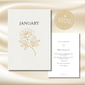 A floral January wedding invitation set displayed on a soft beige satin background. The set includes a textured off-white linen-style card with the word 'JANUARY' and a gold line-art flower illustration, alongside a second white card with elegant black and gold text, and a round gold 'Instant Download' badge.