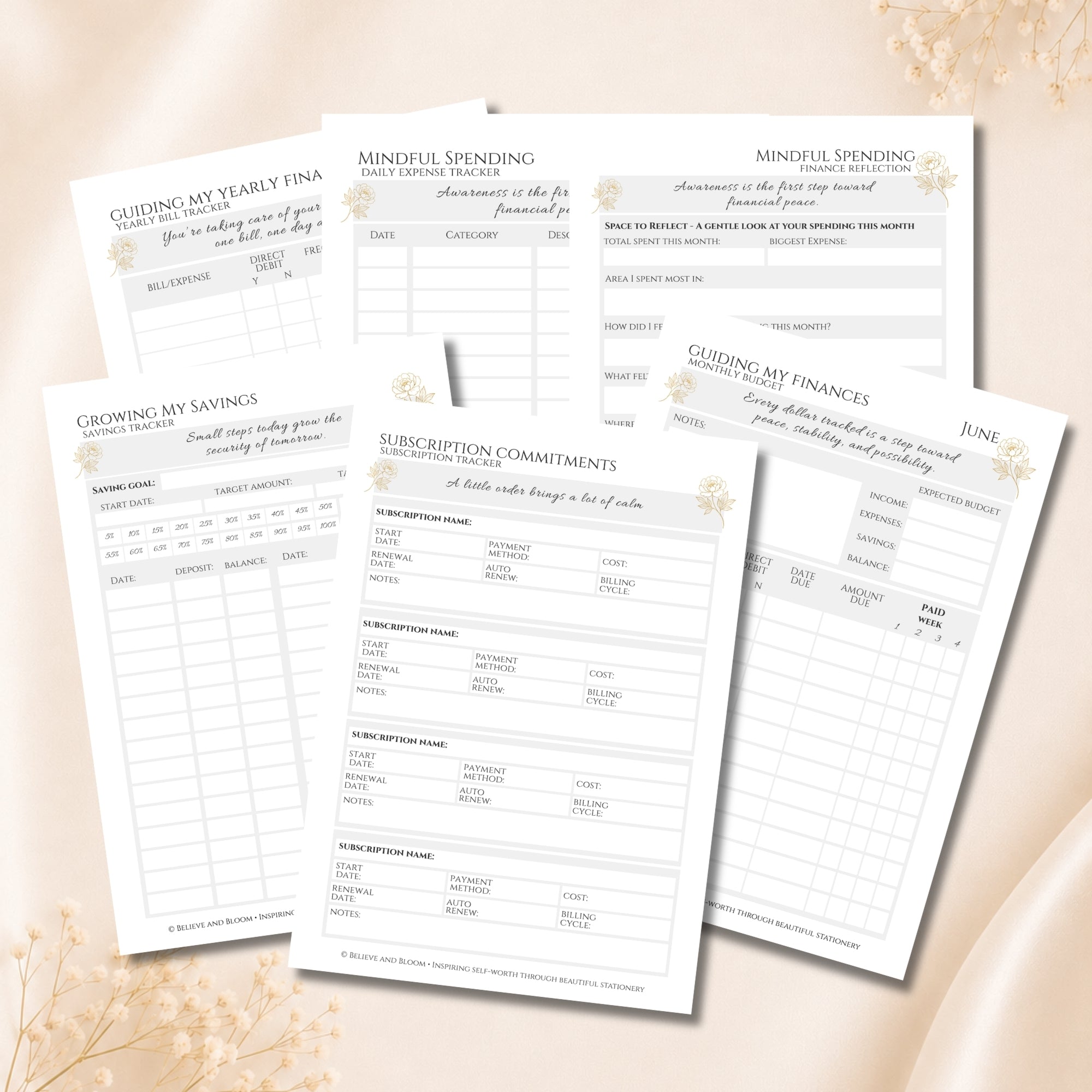 Finance Planner Printable Page Bundle | Gold Peony Collection