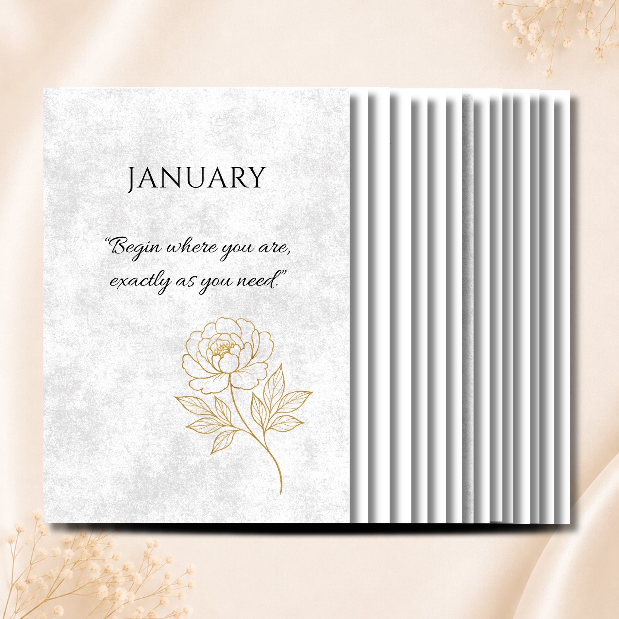 Gold Peony January Planner Journal – Monthly Printable PDF