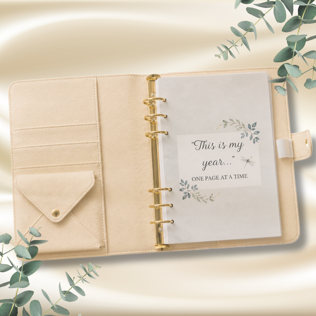 February Eucalyptus Monthly Planner printable A5 PDF preview.
An open beige planner binder with gold rings, a flap pocket on the left, and a printed page that reads 'This is my year. 
