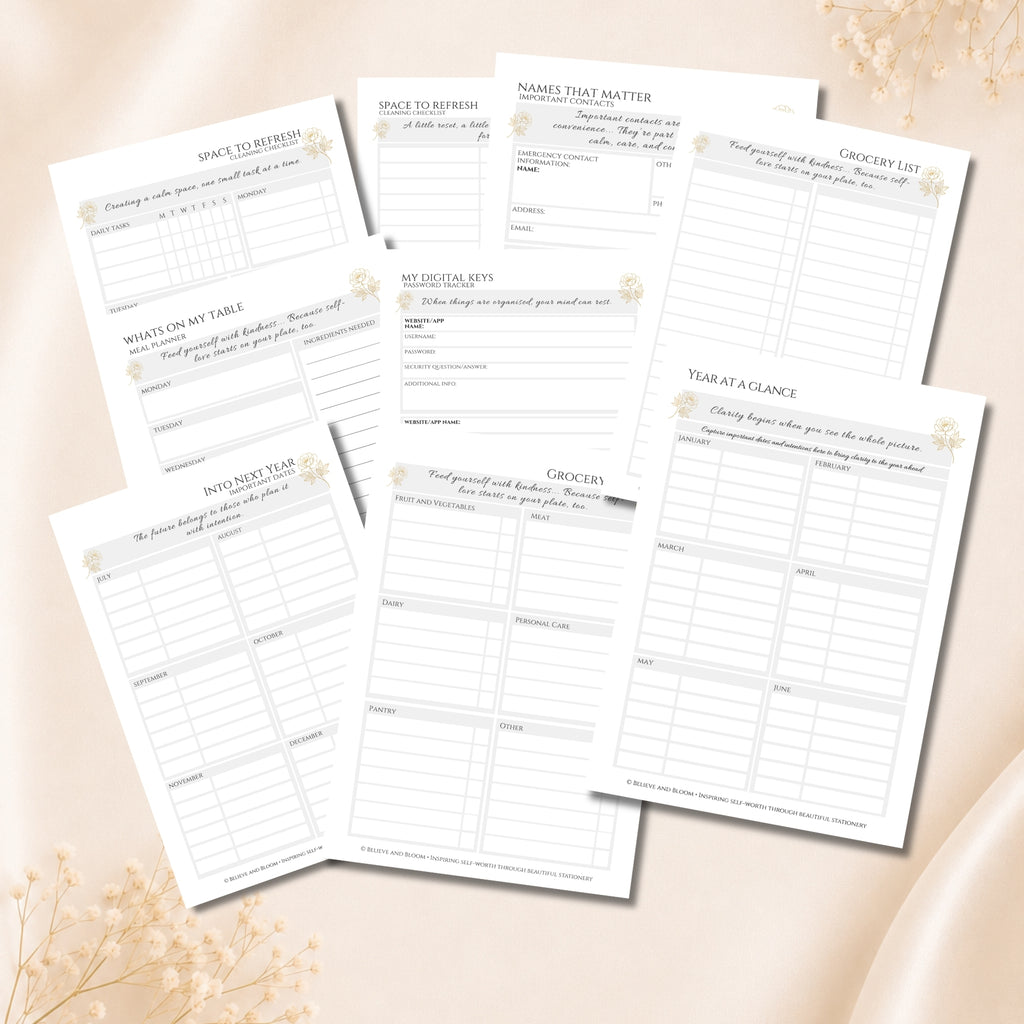 Life Admin Printable Planner Page Bundle | Gold Peony Collection