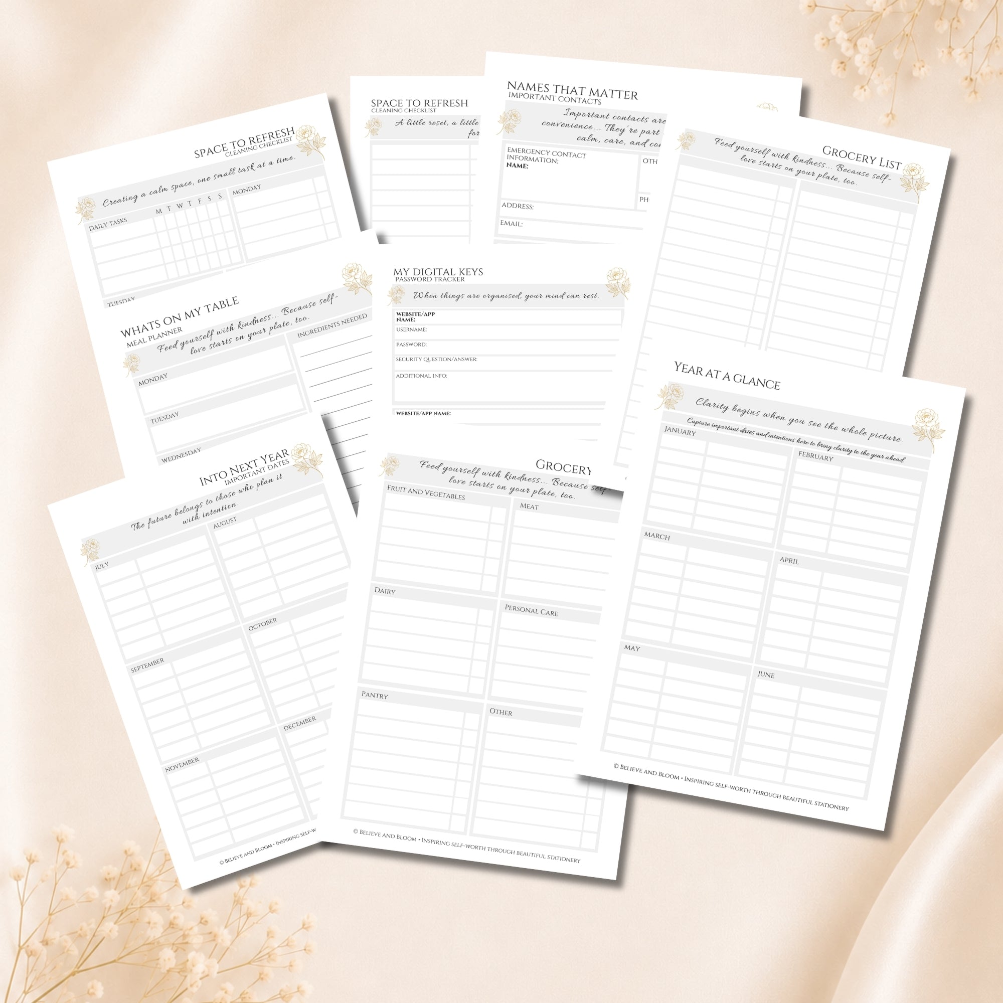 Life Admin Printable Planner Page Bundle | Gold Peony Collection