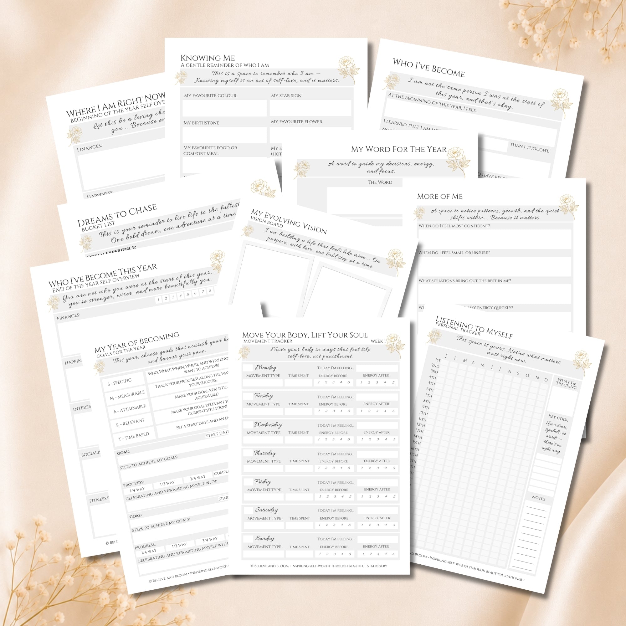 Self Care Printable Planner Page Bundle | Gold Peony Collection