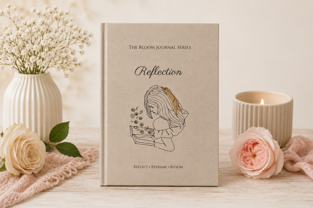 Journal titled 'Reflection' from The Bloom Journal Series with decorative flowers and a candle on a light surface.