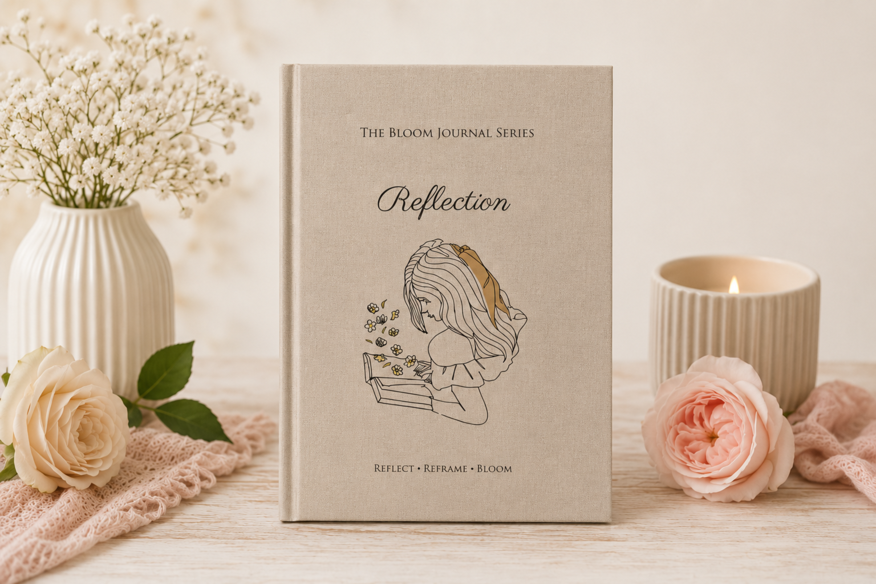 Journal titled 'Reflection' from The Bloom Journal Series with decorative flowers and a candle on a light surface.