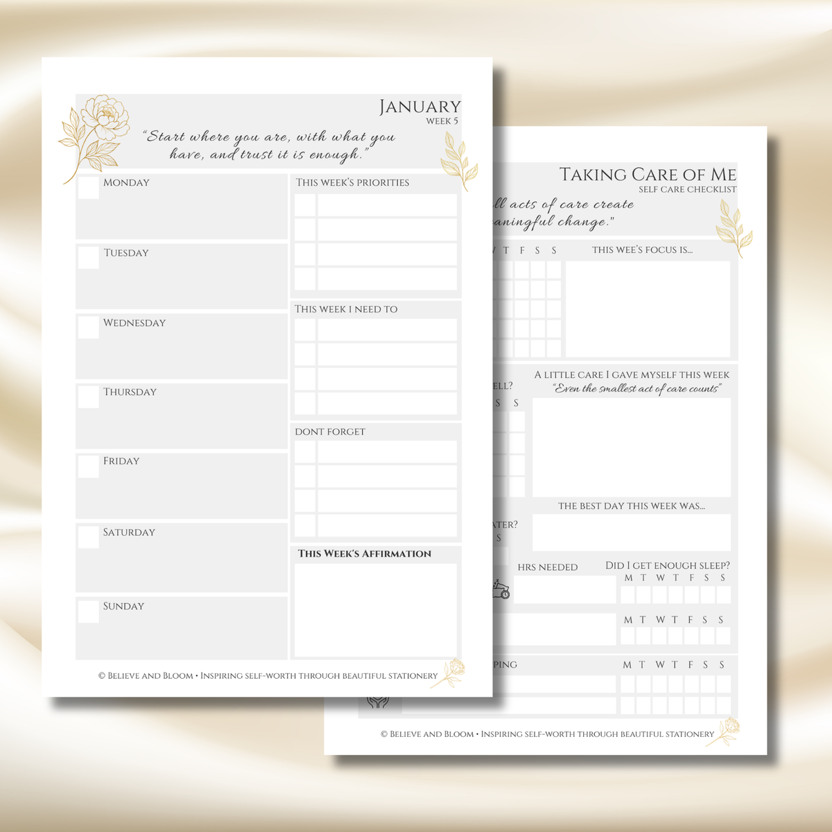Two printable monthly affirmation and self-care planner pages shown on a soft cream background. The front page reads 'January Wins' with a weekly checklist, affirmation text, and gold floral accents; the back page reads 'Taking Care of Me' with reflection prompts and boxes for weekly notes.