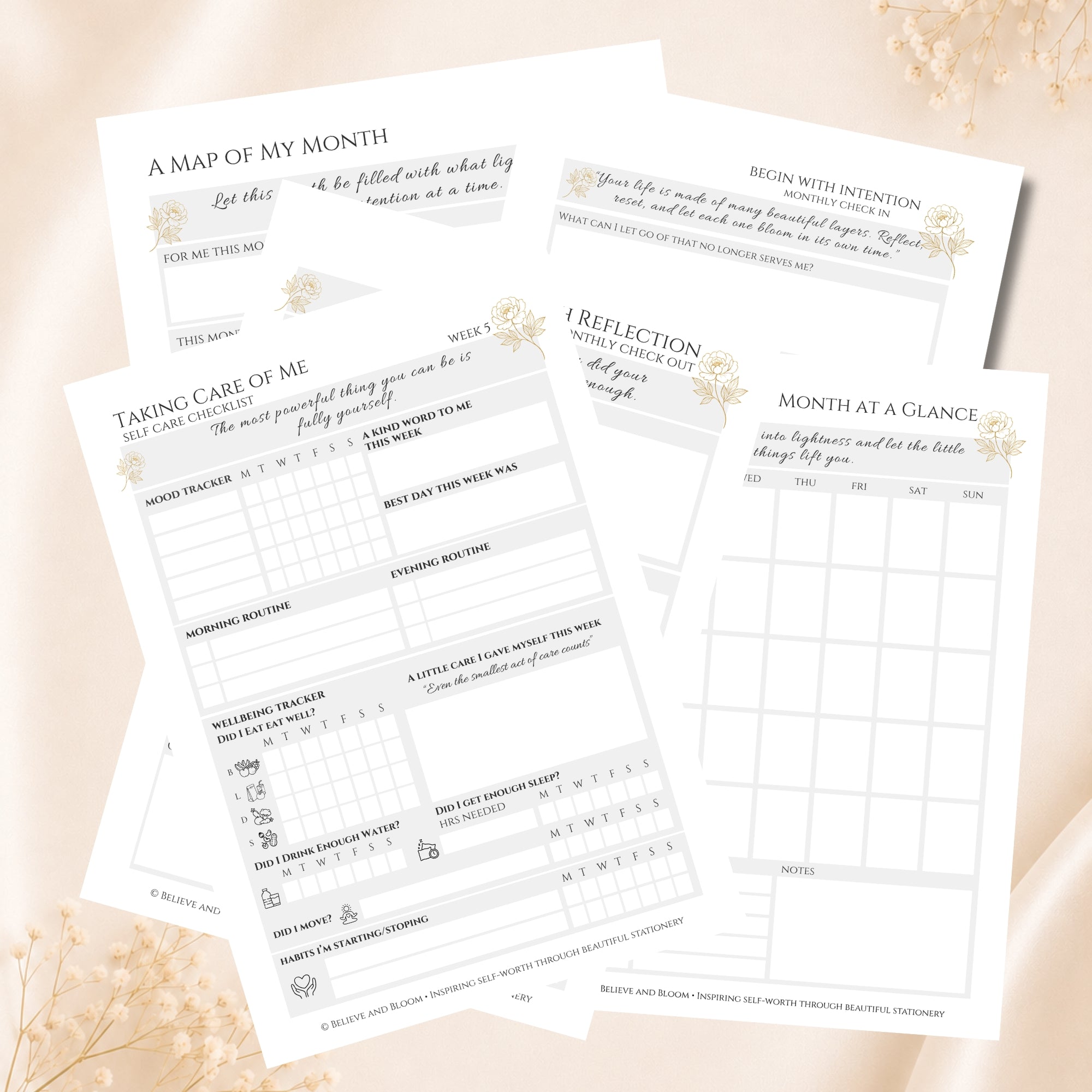 Gold Peony April Planner Journal – Monthly Printable PDF