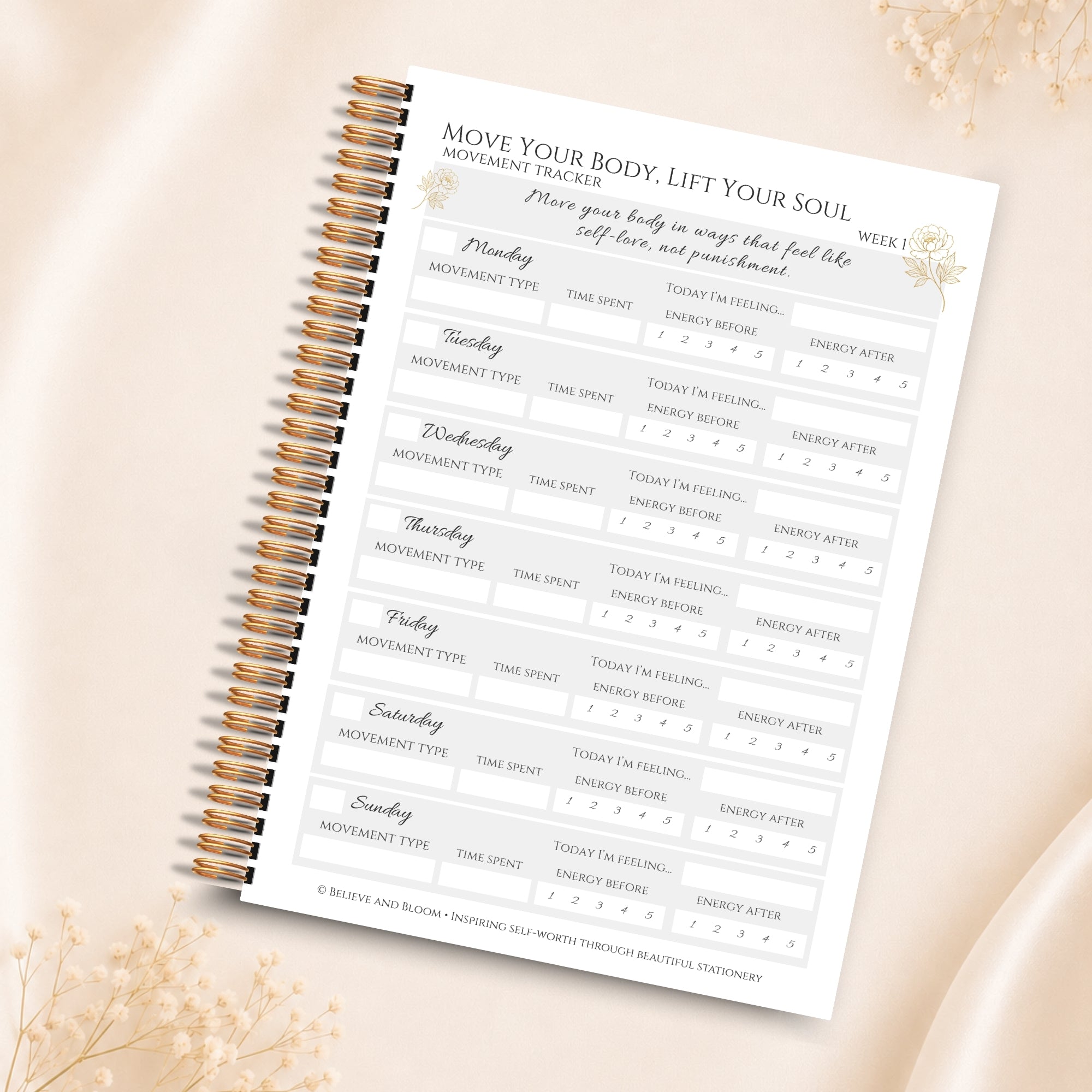 Self Care Printable Planner Page Bundle | Gold Peony Collection