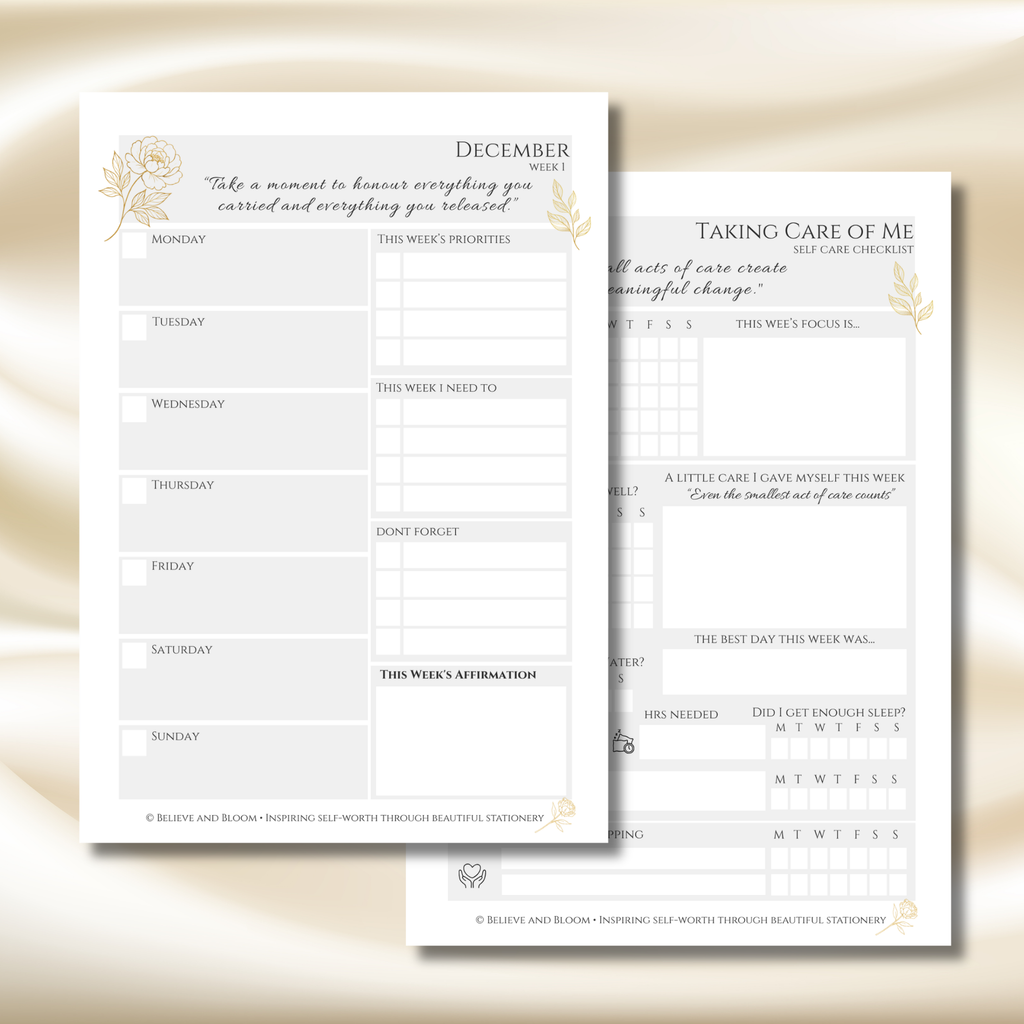 Gold Peony December Planner  – Monthly Printable PDF