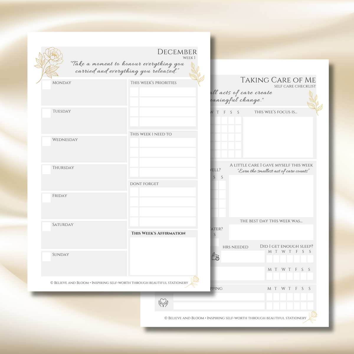 Gold Peony December Planner  – Monthly Printable PDF