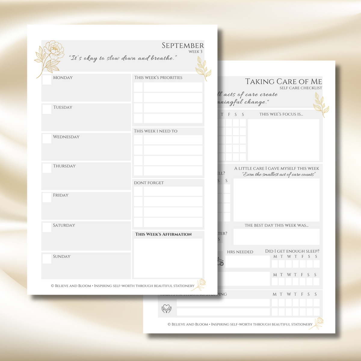 Gold Peony September Planner  – Monthly Printable PDF