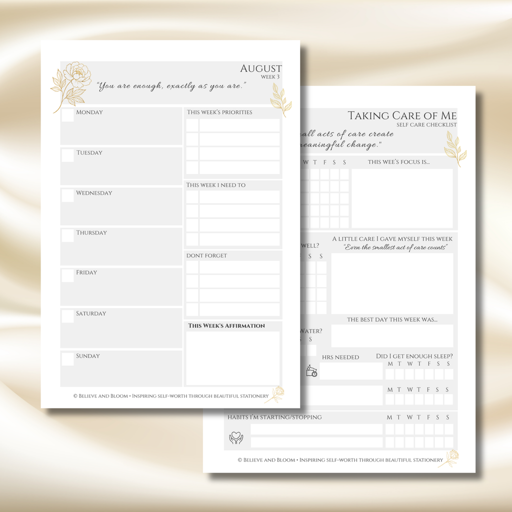 Gold Peony August Planner  – Monthly Printable PDF