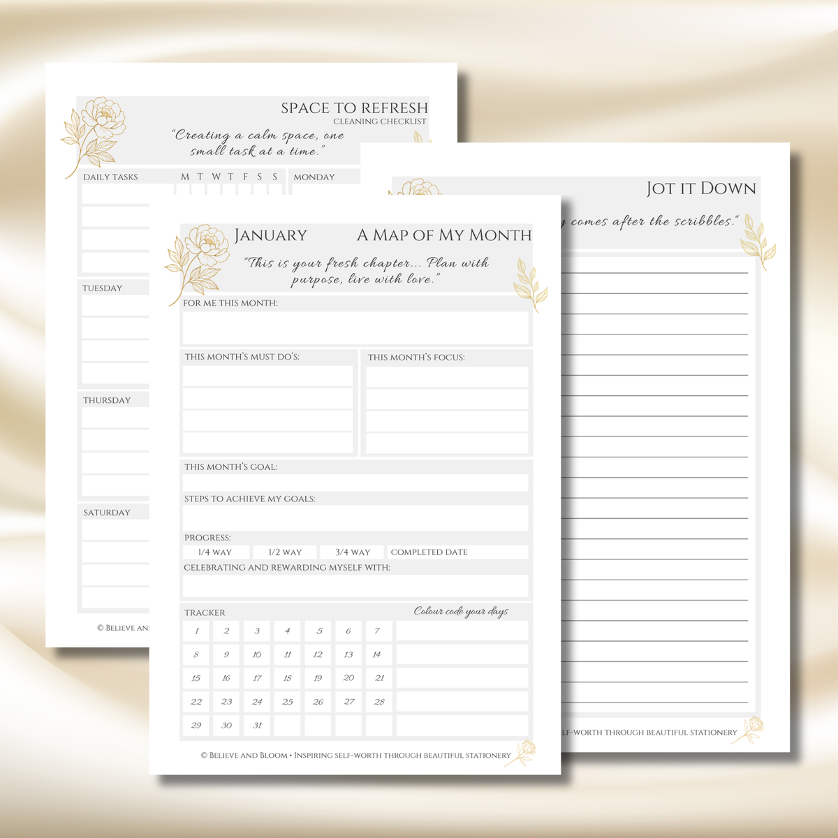 Three printable planner pages for a mindfulness or meditation journal, featuring elegant gold and gray typography on a white background, displayed on a soft beige fabric backdrop.