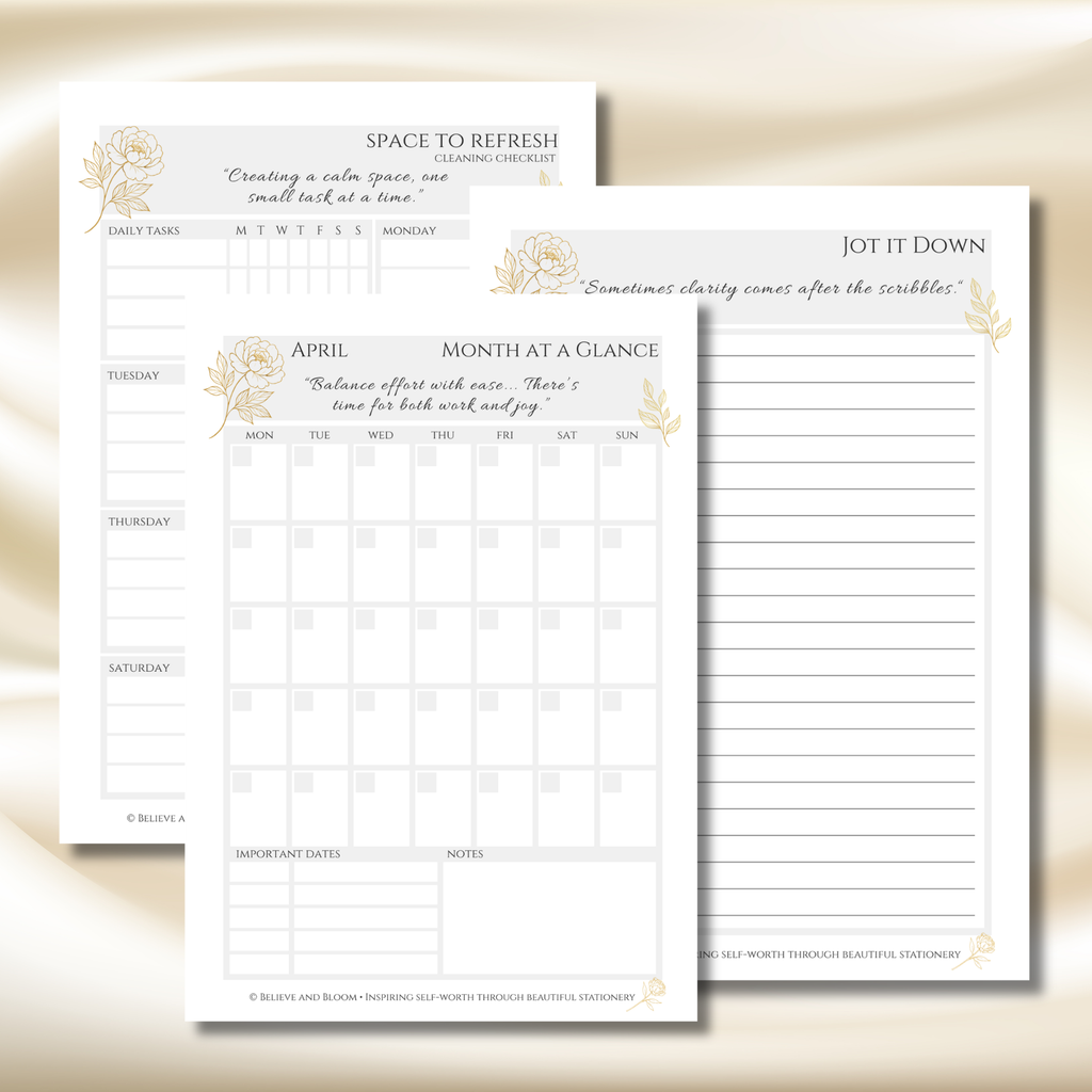 Gold Peony April Planner – Monthly Printable PDF