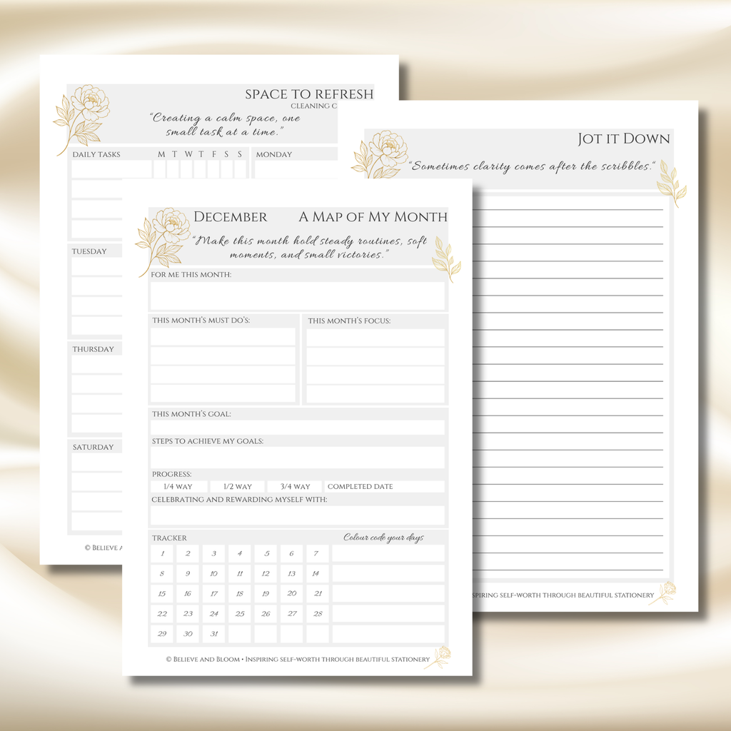 Gold Peony December Planner  – Monthly Printable PDF