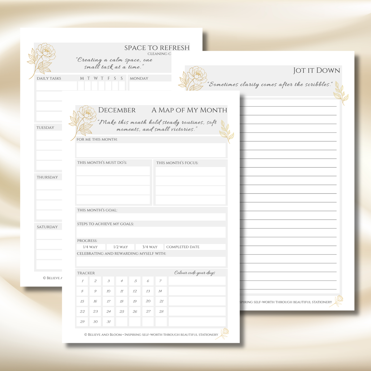 Gold Peony December Planner  – Monthly Printable PDF