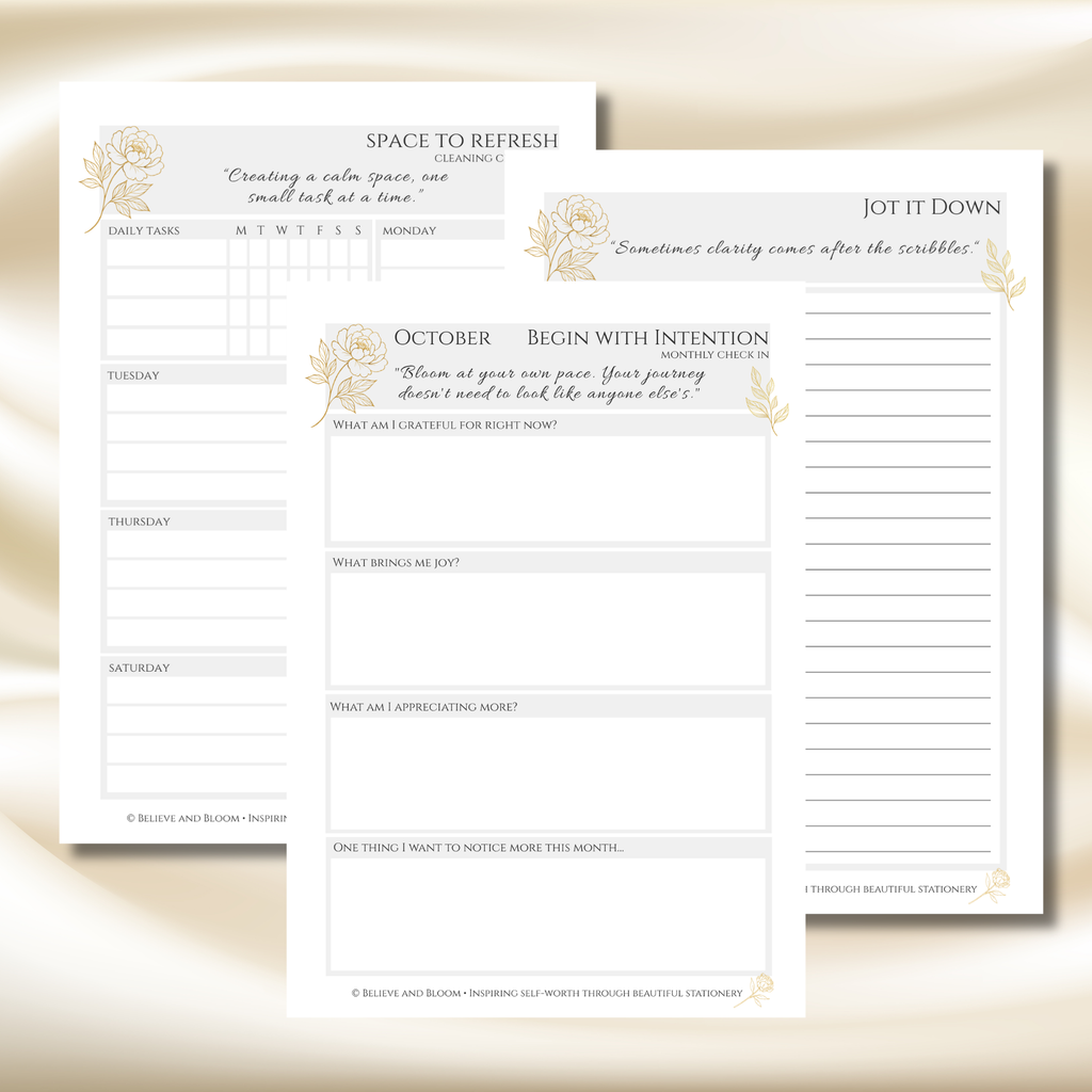 Gold Peony October Planner  – Monthly Printable PDF