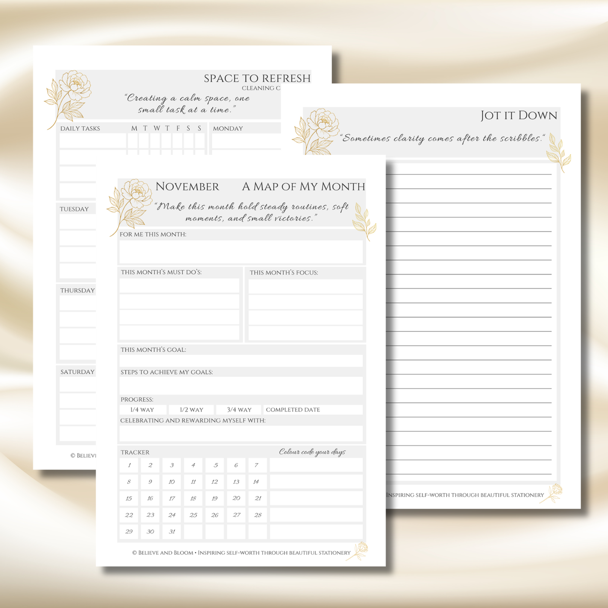Gold Peony November Planner Monthly Printable PDF
