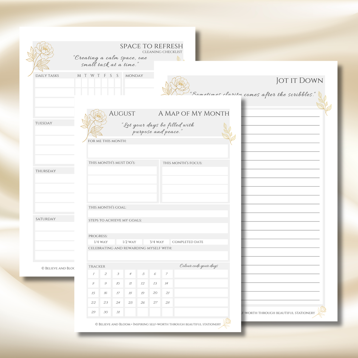 Gold Peony August Planner  – Monthly Printable PDF