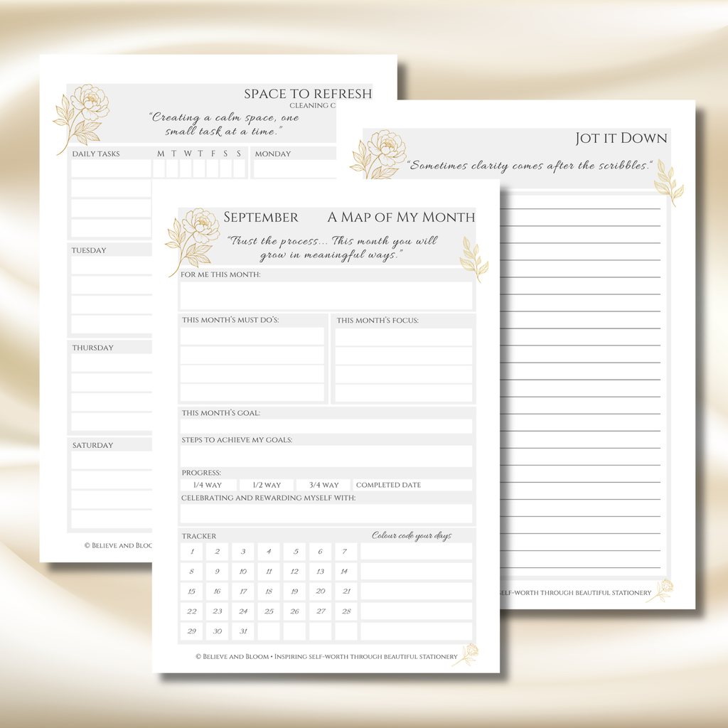 Gold Peony September Planner  – Monthly Printable PDF