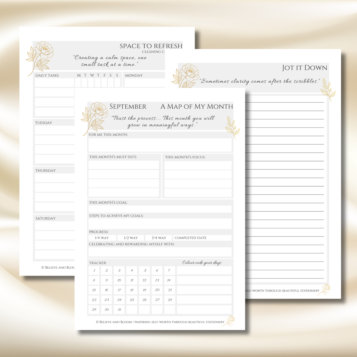 Gold Peony September Planner  – Monthly Printable PDF