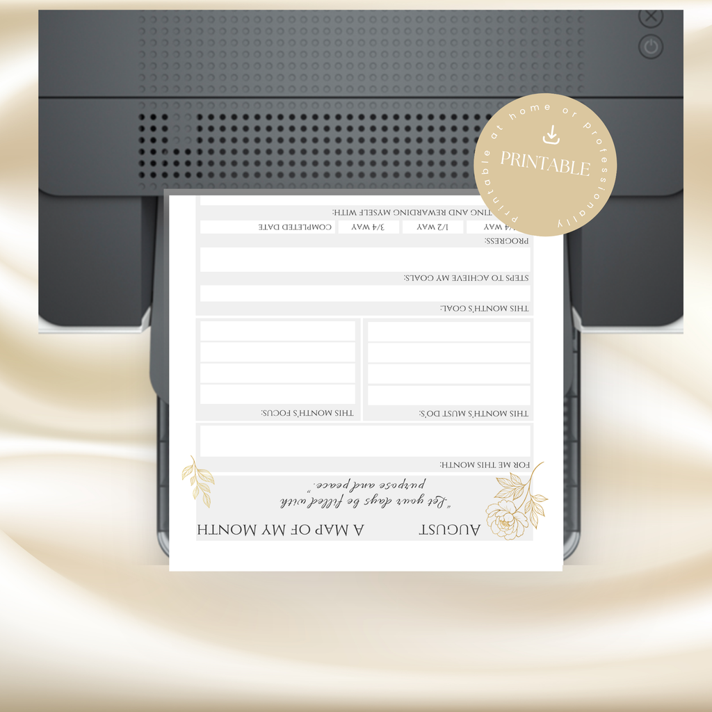 Gold Peony August Planner  – Monthly Printable PDF