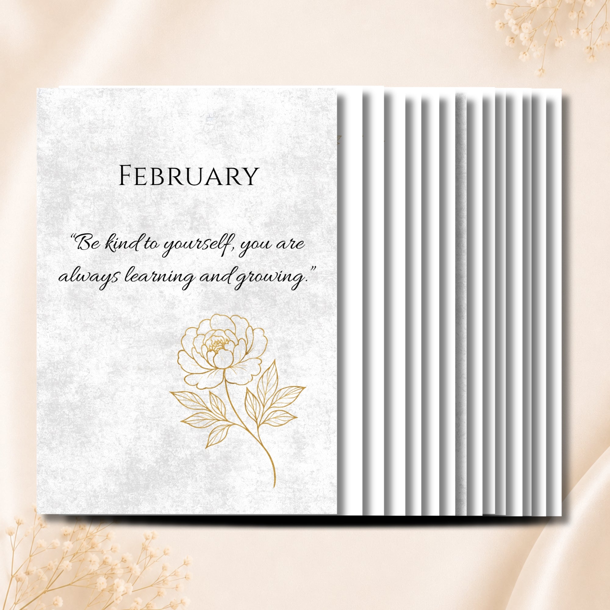 Gold Peony February Planner Journal – Monthly Printable PDF
