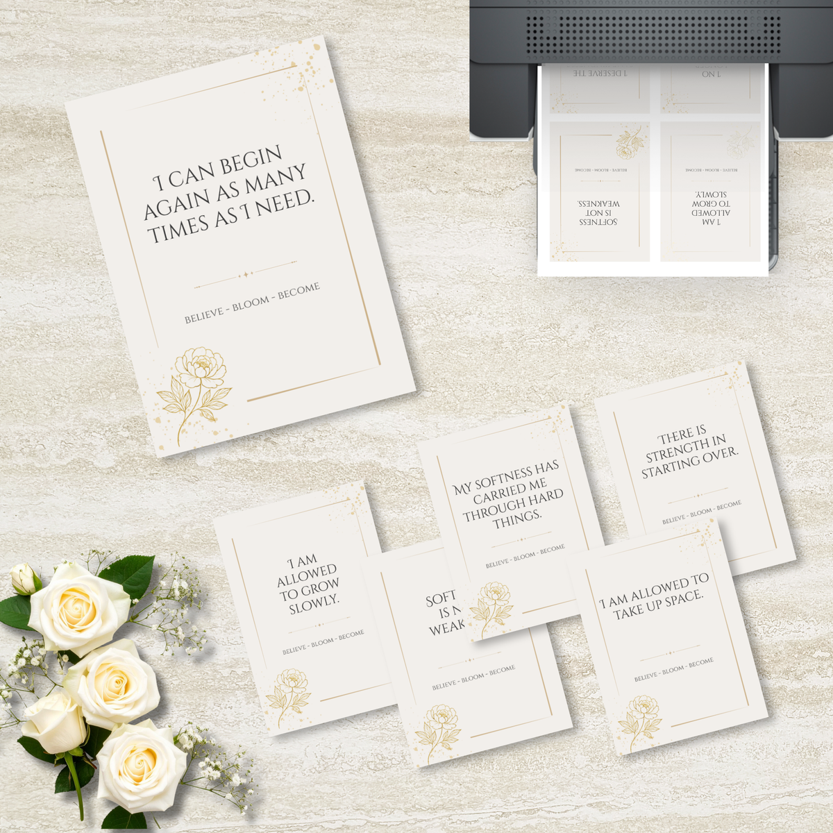 Gold Peony Affirmation Cards | Printable Card Set