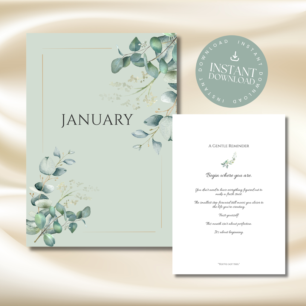 A digital stationery mockup showing a sage green January invitation card with watercolor eucalyptus leaves, a white inner note card with elegant script text, and a round 'Instant Download' badge on a soft beige satin background.