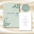 A digital stationery mockup showing a sage green January invitation card with watercolor eucalyptus leaves, a white inner note card with elegant script text, and a round 'Instant Download' badge on a soft beige satin background.