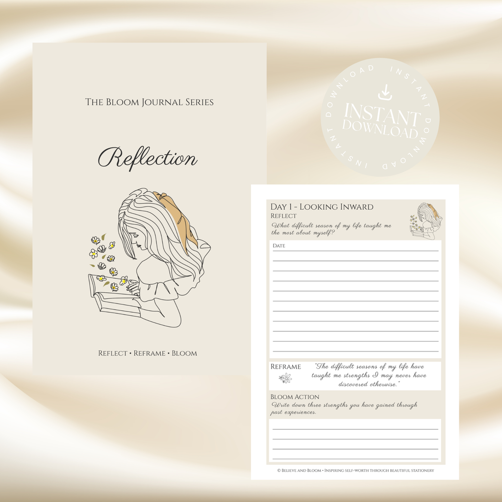 A journaling set from The Bloom Journal Series featuring a cream-colored 'Reflection' cover with an illustration of a girl reading, and a matching 'Day 1 - Looking Inward' worksheet. A circular badge on the top right indicates an instant download.