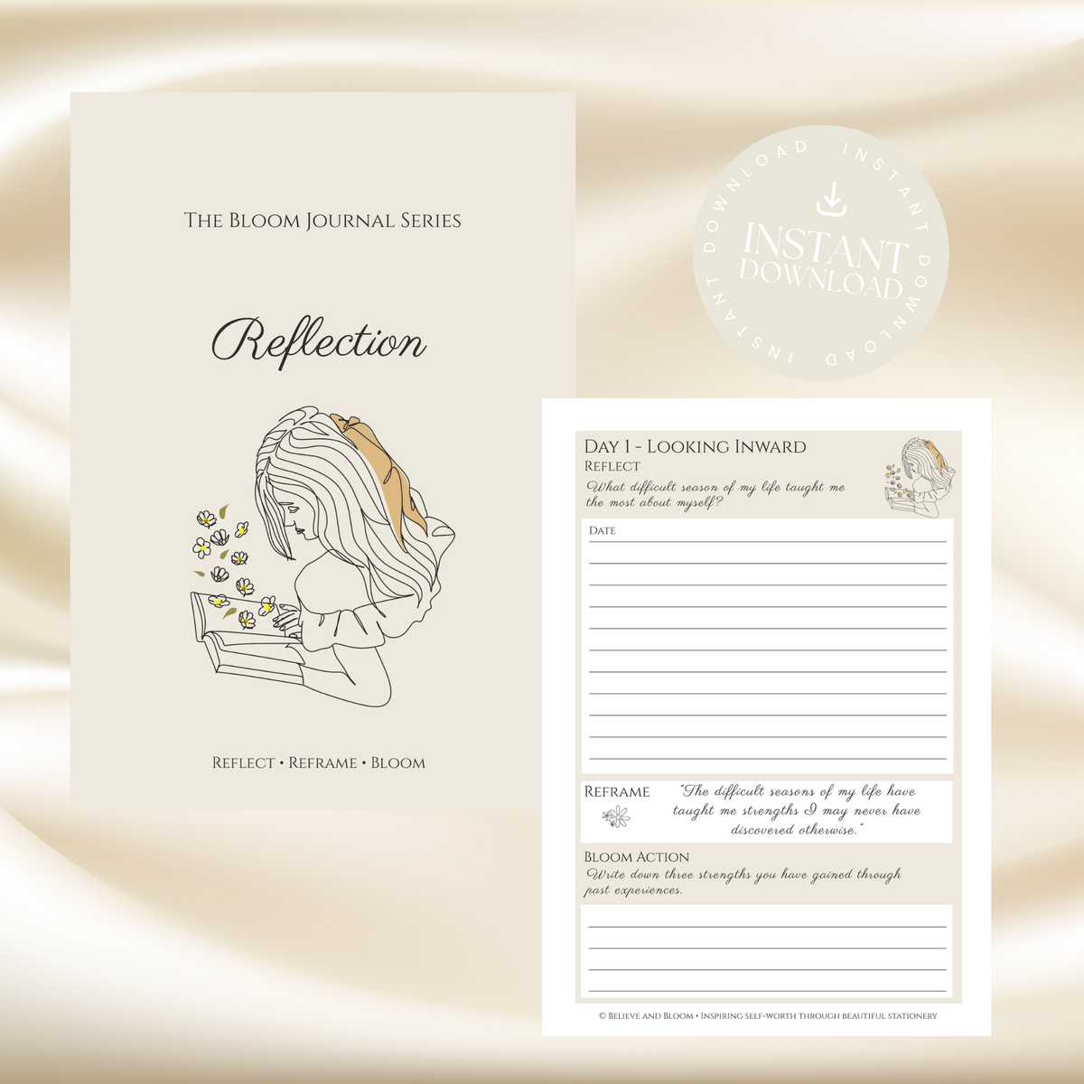 A journaling set from The Bloom Journal Series featuring a cream-colored 'Reflection' cover with an illustration of a girl reading, and a matching 'Day 1 - Looking Inward' worksheet. A circular badge on the top right indicates an instant download.