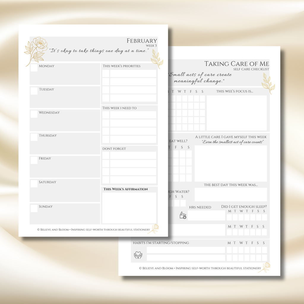 Gold Peony February Planner  – Monthly Printable PDF