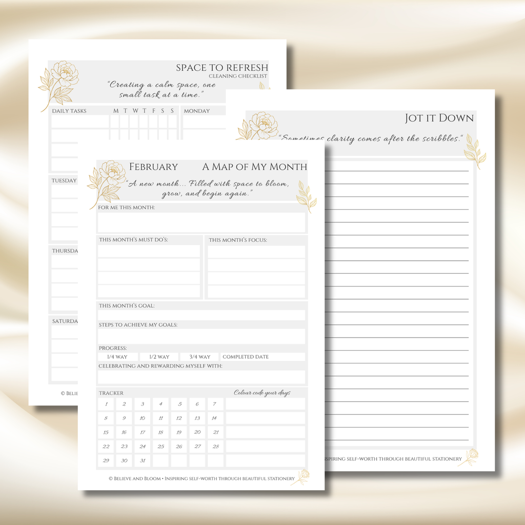 Gold Peony February Planner  – Monthly Printable PDF