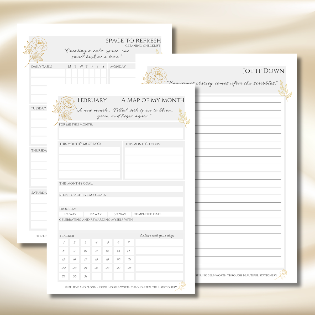 Gold Peony February Planner  – Monthly Printable PDF