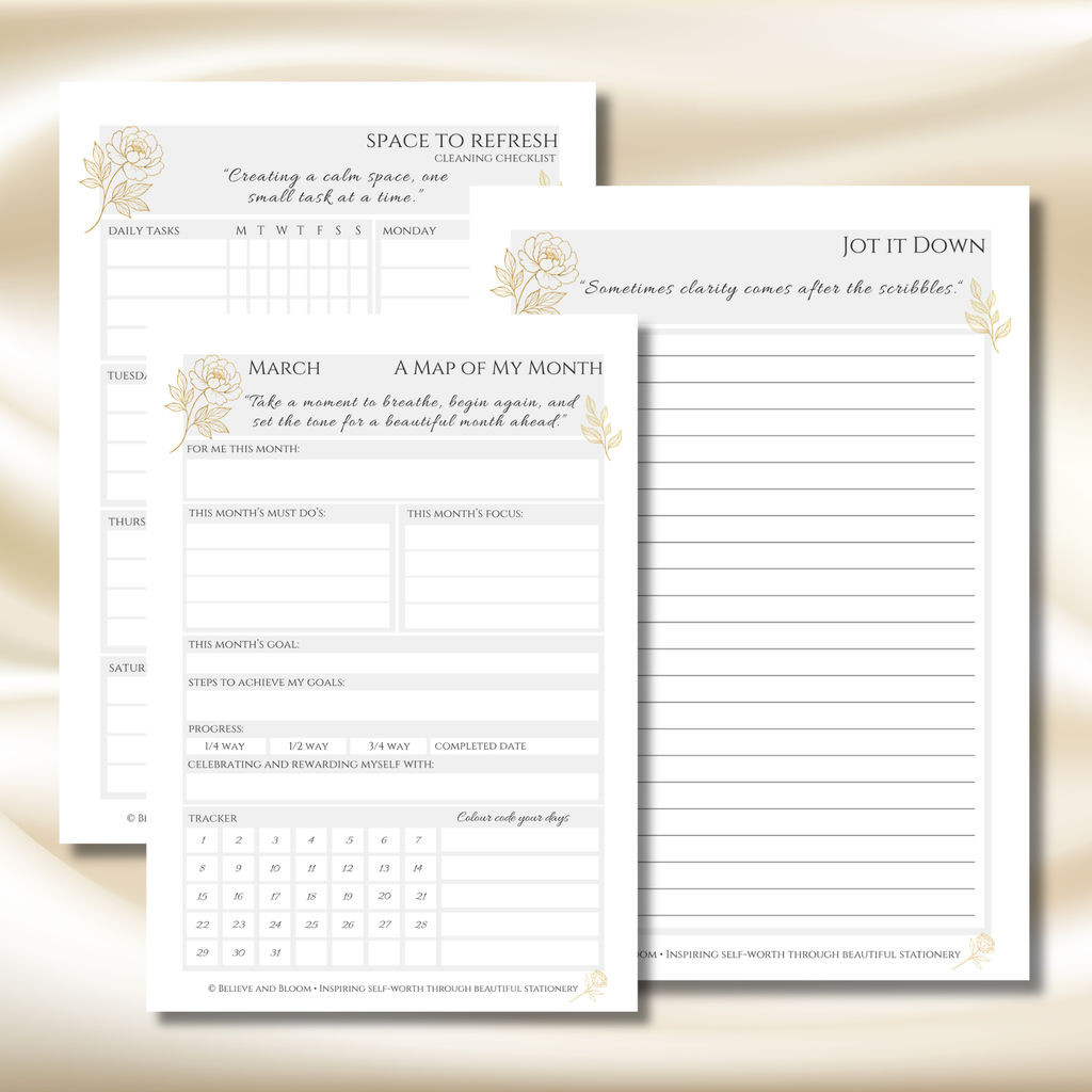 Gold Peony March Planner – Monthly Printable PDF