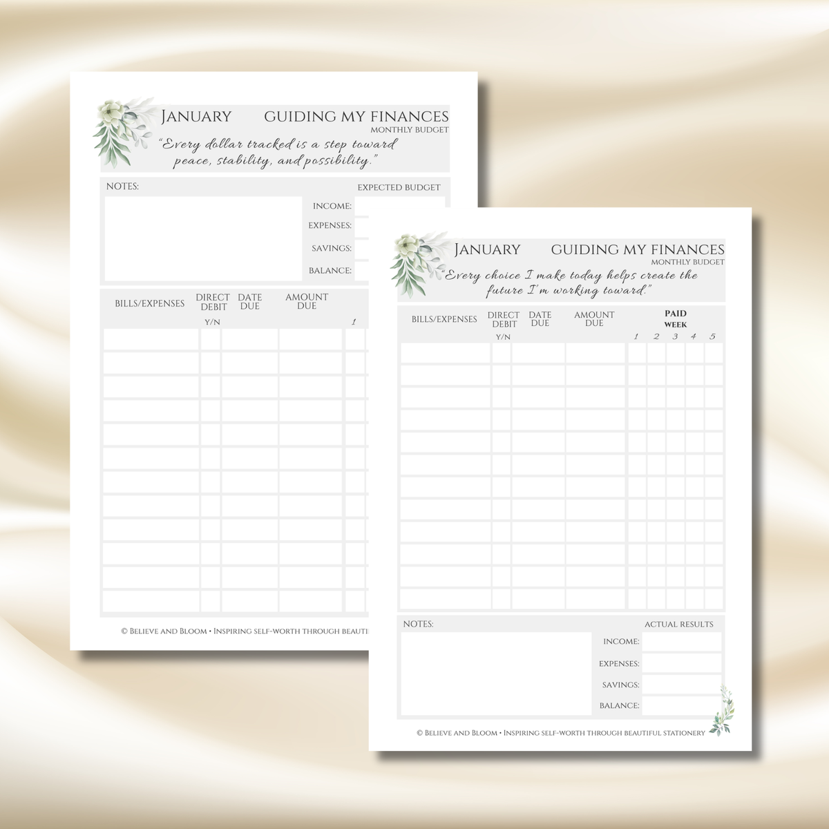 Two printable monthly budget planner pages with a soft green floral illustration in the corner, displayed on a warm beige satin-like background.