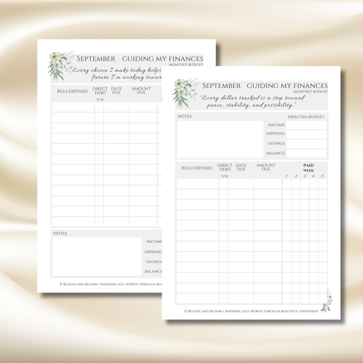 Two printable monthly budget planner sheets for September titled 'Guiding My Finances' shown on a soft beige background. The sheets include columns for bills expensing, direct debt, date due, amount due, notes, expected budget, income, expenses, savings, balance, and paid week, with small green botanical illustrations in the corners.