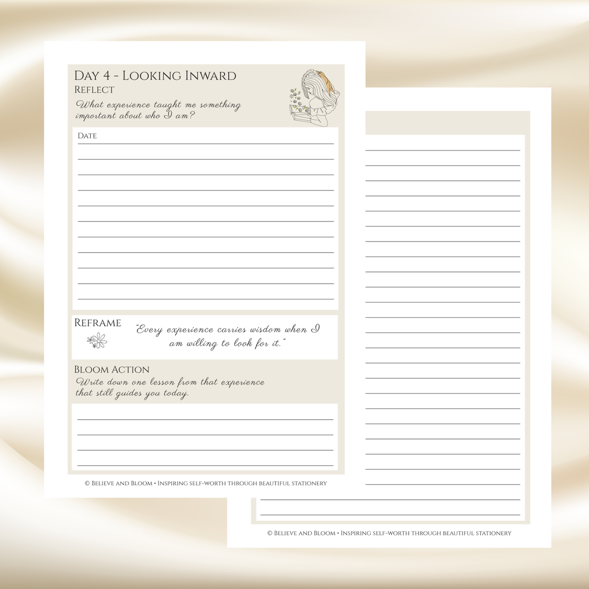 A printed self-help or journaling worksheet sheet titled 'DAY 4 - LOOKING INWARD' with reflection prompts, lines for writing, and a small decorative illustration, shown on a soft beige fabric background.