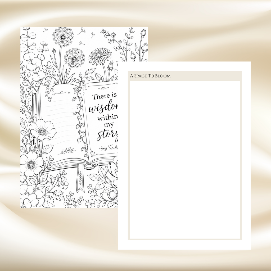 A black and white floral notebook cover with an open book illustration and the quote 'There is wisdom within my story,' shown next to a blank white notepad with the heading 'A SPACE TO BLOOM' on a soft beige satin background.