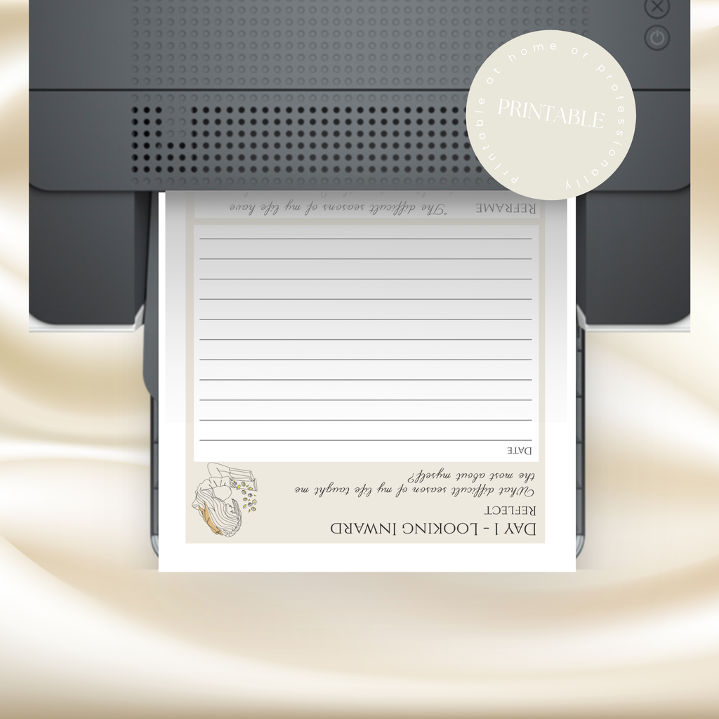 A printable reflective journal page shown emerging from a printer, with a circular 'Printable' badge overlaid near the top right. The page has lined writing space and a cream lower section with cursive prompts and a small floral illustration.