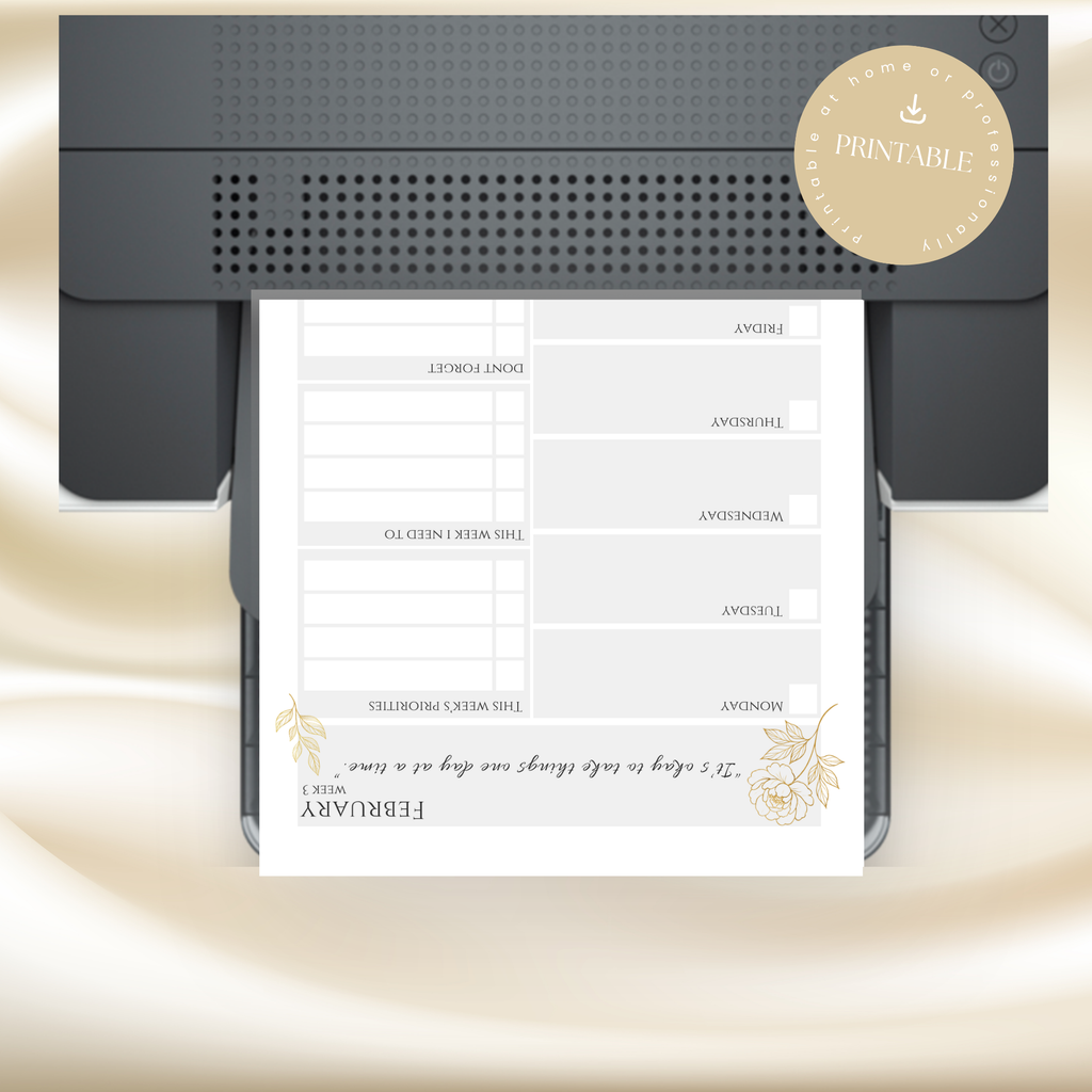 Gold Peony February Planner  – Monthly Printable PDF