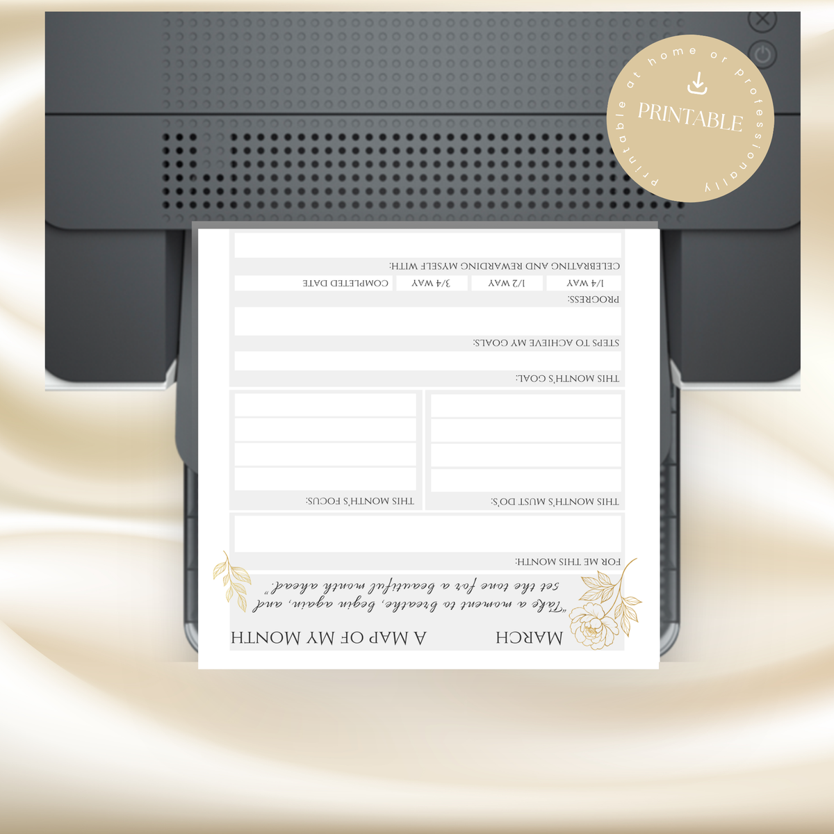 Gold Peony March Planner – Monthly Printable PDF